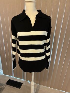 Black and White Striped V-Neck Polo Sweater